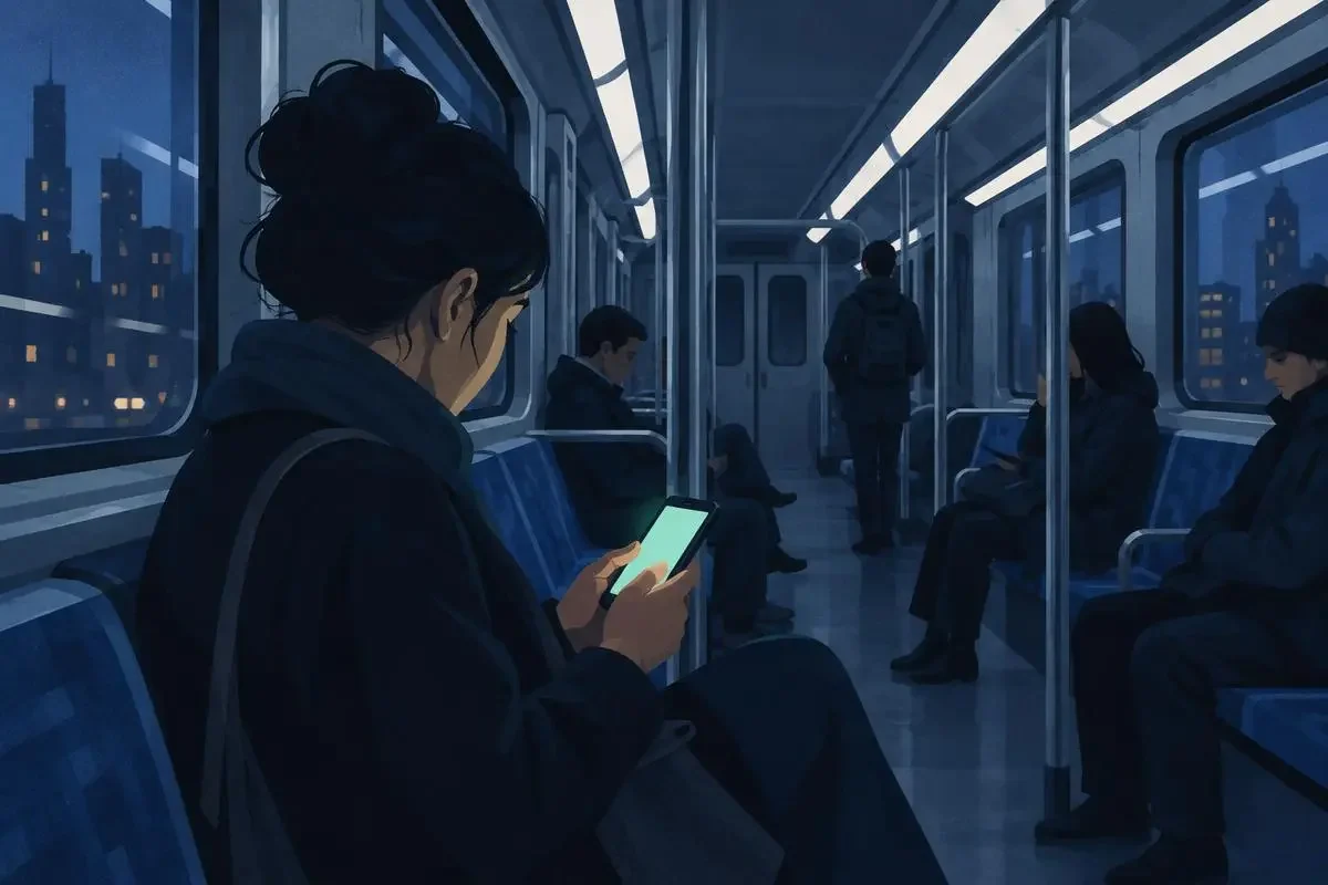 地铁通勤时用黄果短剧看 APP 离线看剧的场景